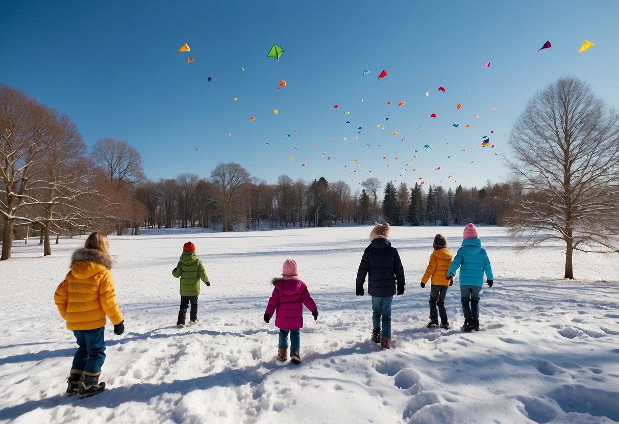 Snow-covered park with families flying kites. Bright blue sky, trees in the background. Safety tips banner displayed prominently