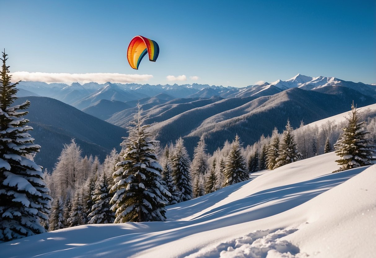 Snow-covered fields with rolling hills and clear blue skies. Kites of various colors and shapes soar gracefully against the backdrop of snowy mountains and evergreen trees