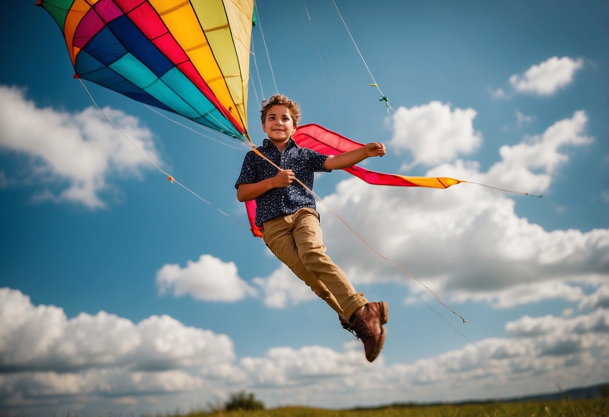 A colorful kite soars high in the sky, guided by a person holding the string. The person's feet are protected by comfortable, well-fitted shoes, ensuring a blister-free kite-flying experience