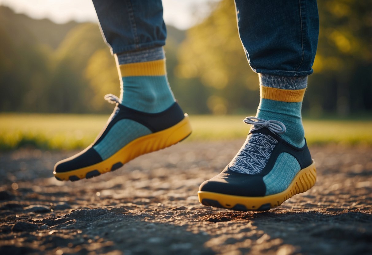 A pair of moisture-wicking socks being worn while kite flying