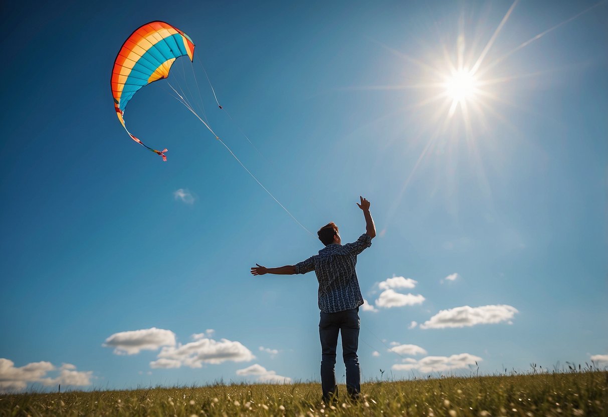 A person wearing well-fitted shoes while flying a kite on a sunny day, with a clear blue sky and a gentle breeze