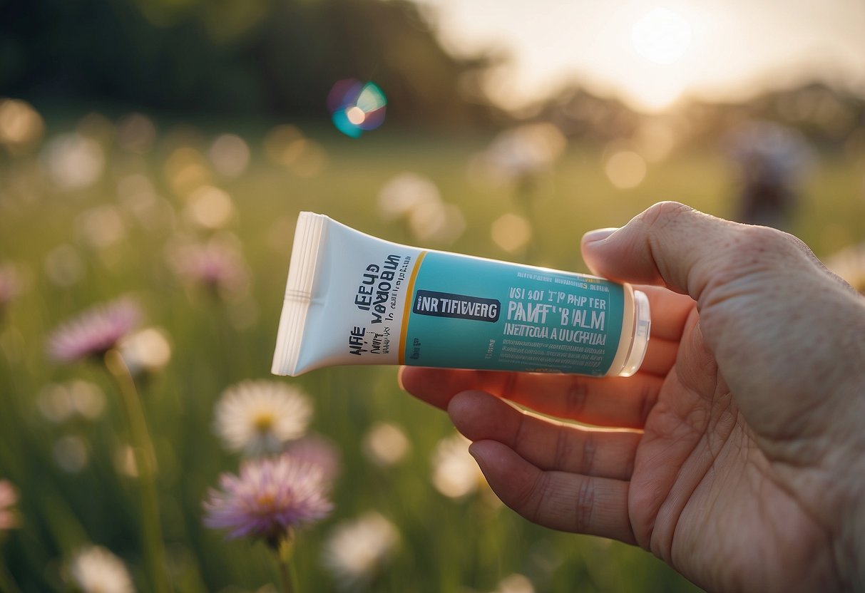 A hand holding a tube of anti-blister balm, with a kite flying in the background