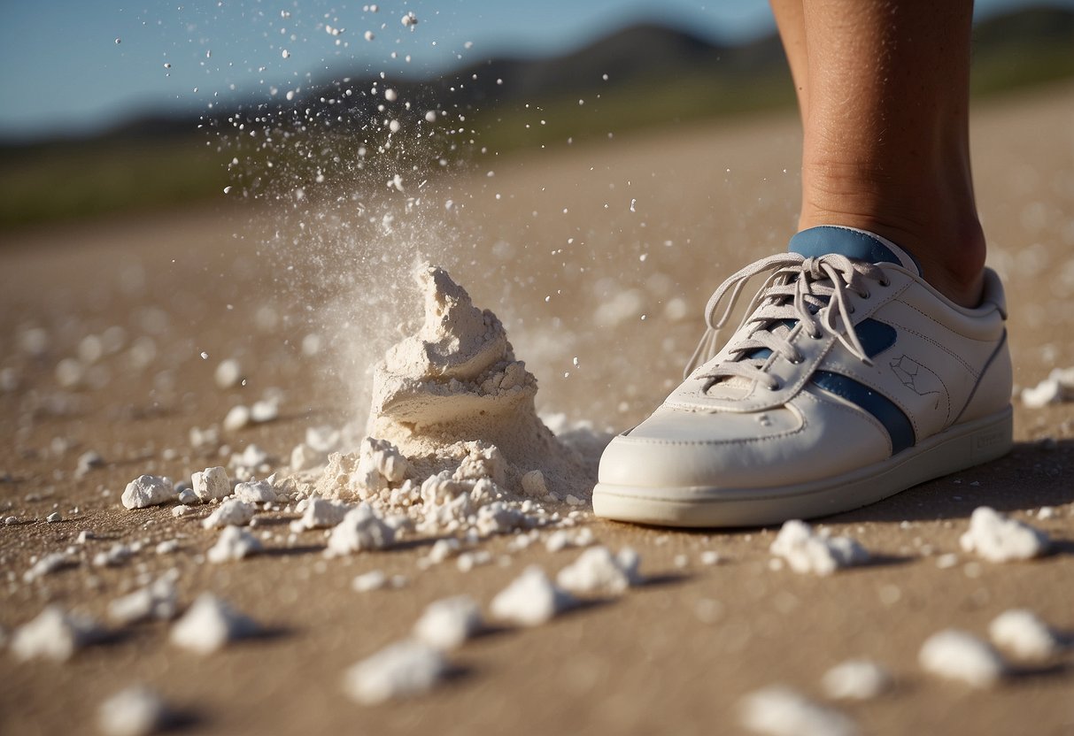 Talc powder sprinkled on dry feet near a kite flying scene