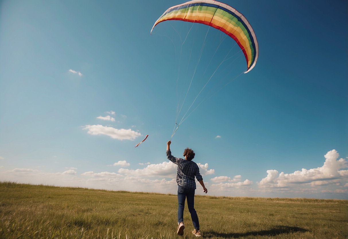 A person wearing breathable shoes while flying a kite on a sunny day, with a clear blue sky and a gentle breeze