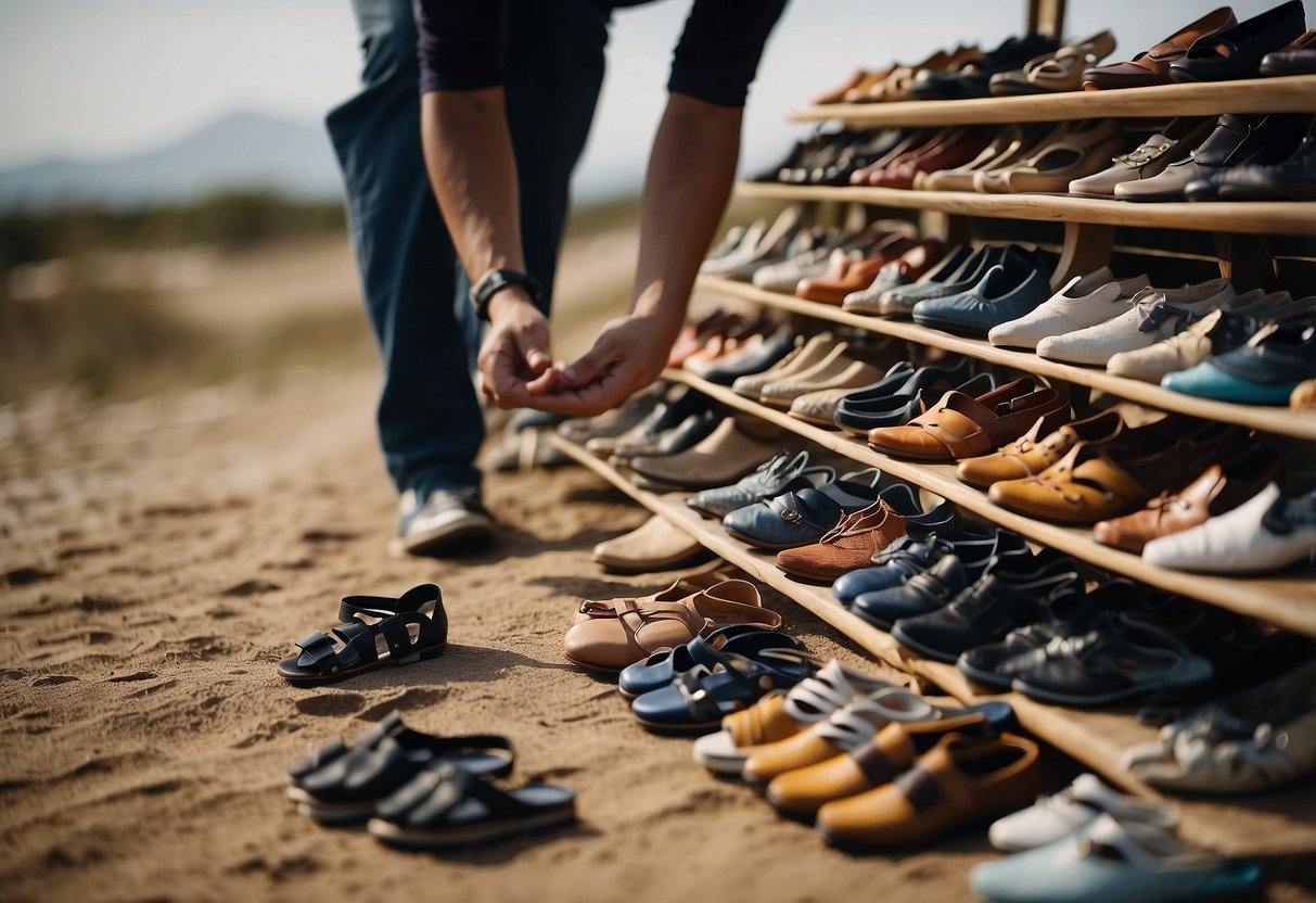 A person selecting appropriate footwear for kite flying, avoiding blisters. Sandals, sneakers, and closed-toe shoes are laid out for consideration