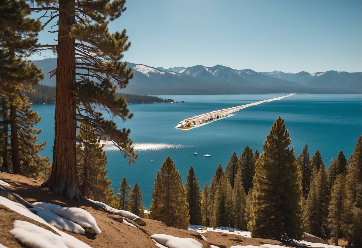 The crystal-clear waters of Lake Tahoe shimmer under the bright sun, surrounded by lush green forests and snow-capped mountains, creating the perfect backdrop for kite flying adventures