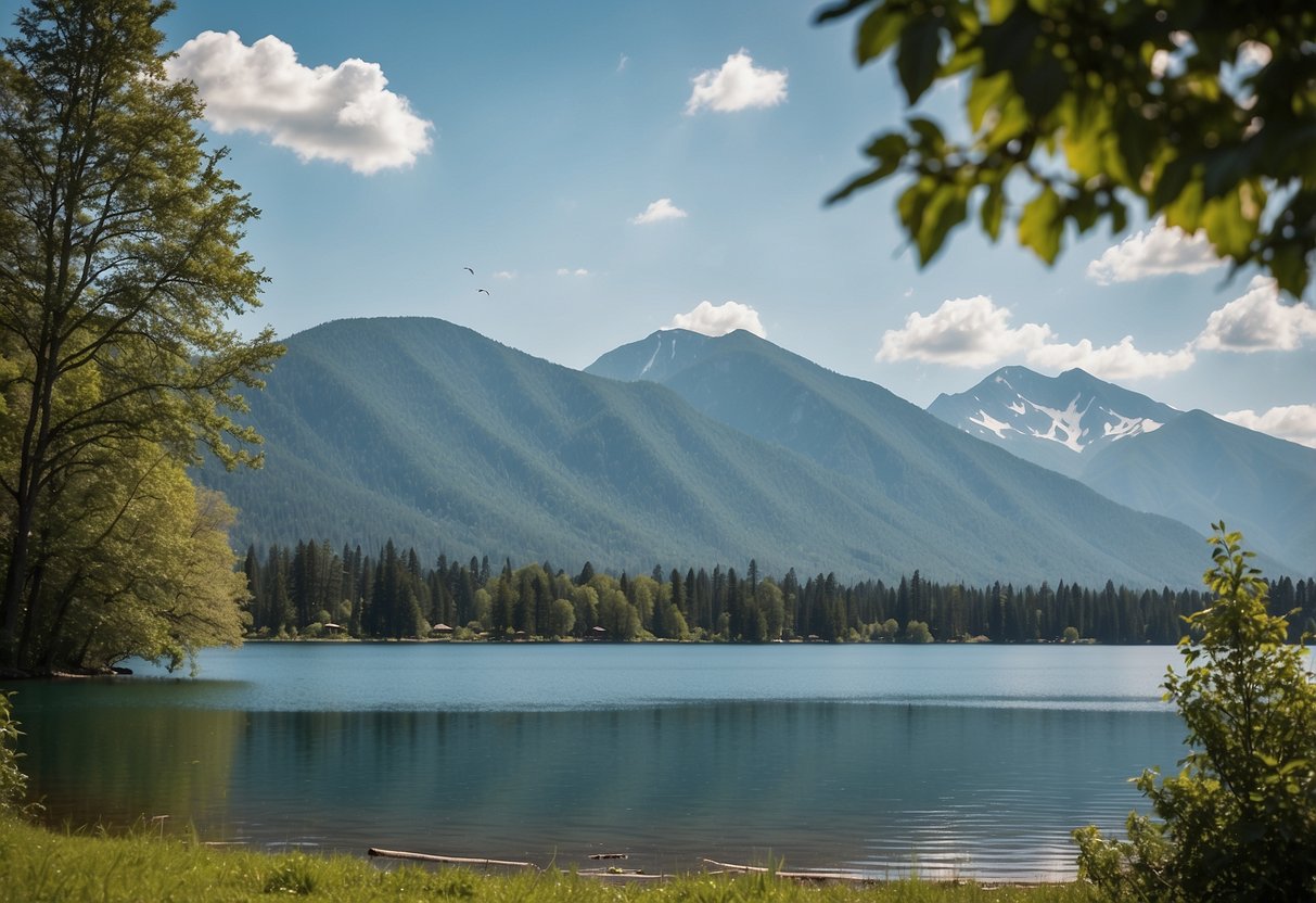 The clear blue lake reflects the surrounding mountains. A gentle breeze ripples the water, perfect for kite flying. Trees line the shore, providing shade for picnics