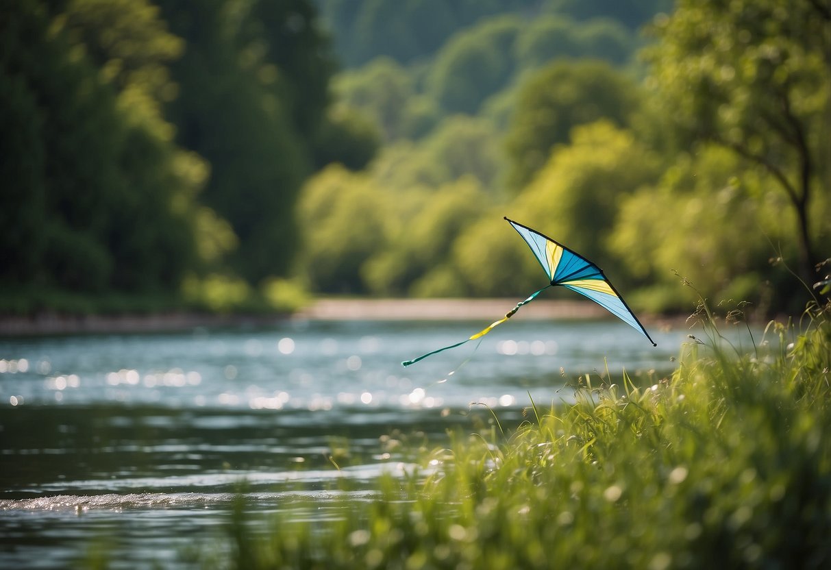 A kite flying over a clear, flowing river with lush greenery on the banks, showcasing the importance of quality water sources for kite flying trips