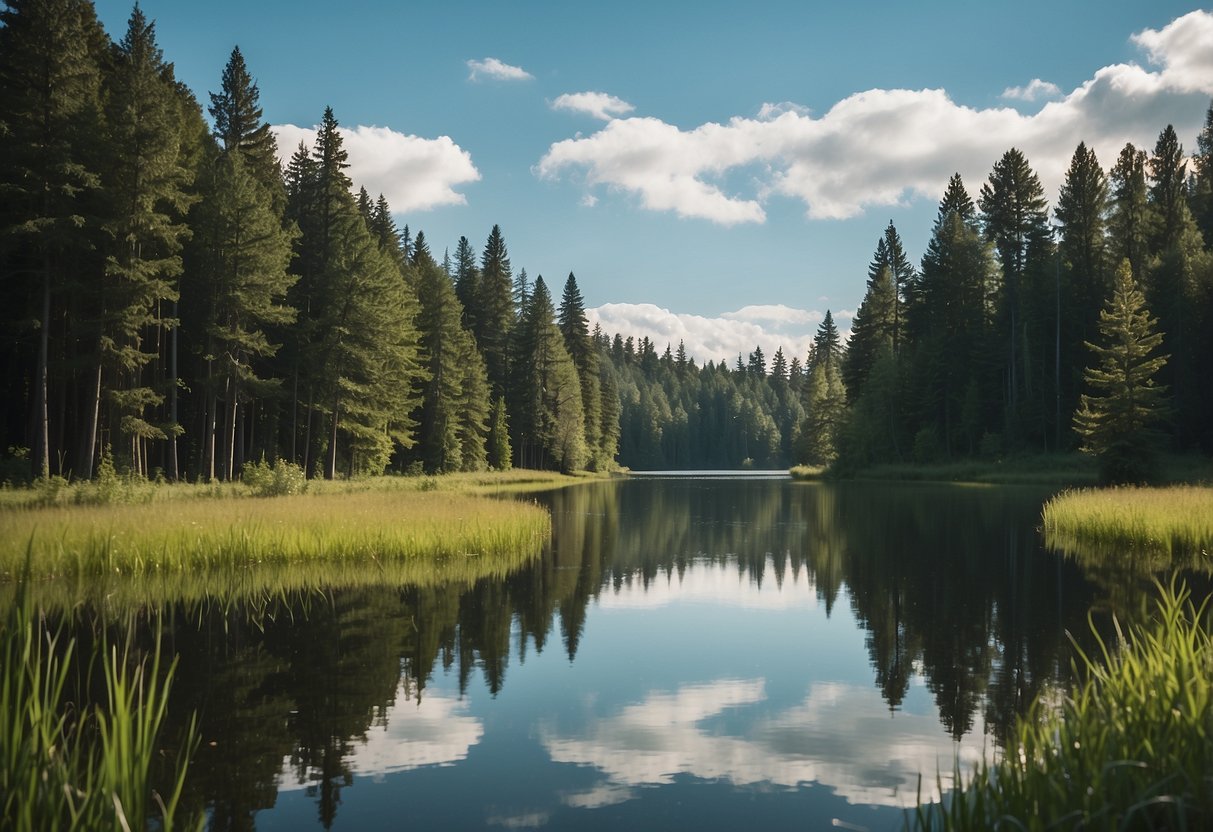 A serene lake reflects the clear blue sky, surrounded by lush green grass and tall trees, with a gentle breeze perfect for kite flying