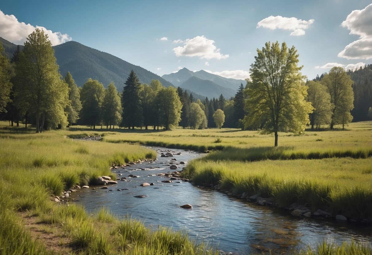 A serene meadow with a clear, flowing stream bordered by lush green trees and a blue sky. A hand-drawn map of the area is pinned to a nearby tree