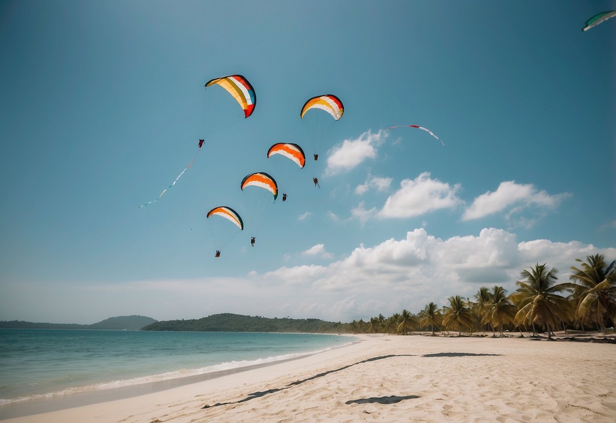 A serene beach with kites flying in the sky, surrounded by untouched nature and wildlife