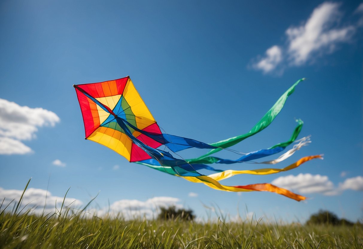 Colorful kite flying with biodegradable strings, leaving no trace. Blue sky, green grass, and a gentle breeze