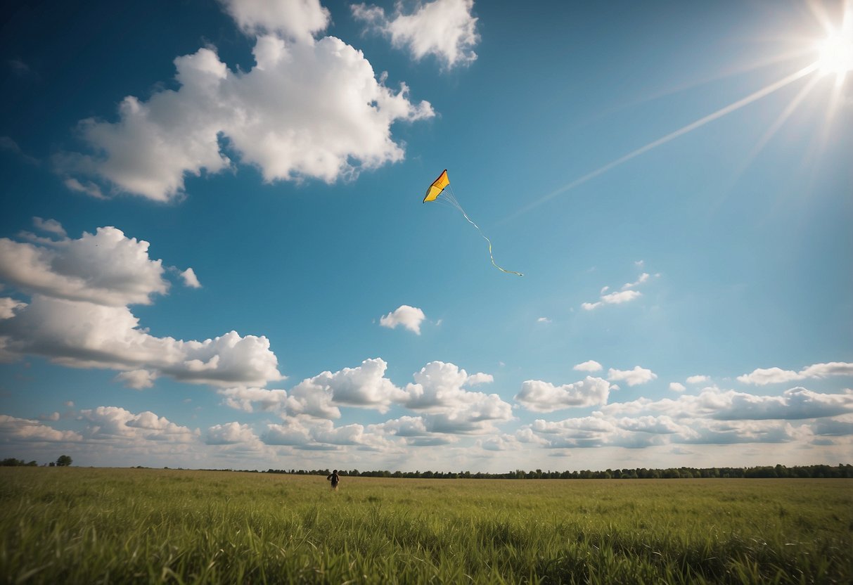 Kite flying in open field, with clear blue skies and designated areas. No litter or damage to nature