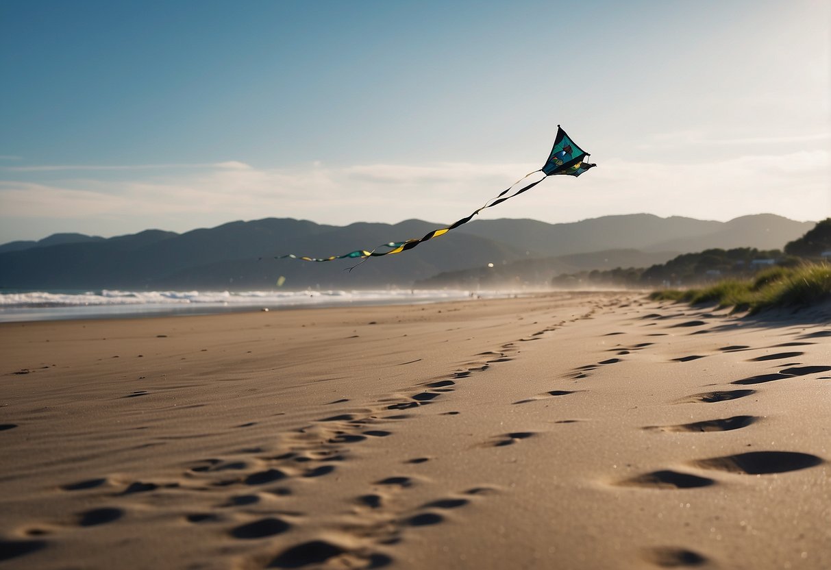 A kite flying over a clean, empty beach with no footprints, surrounded by signs indicating nesting season for wildlife
