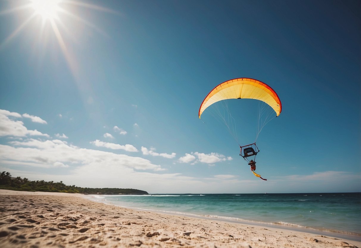 A clear, sunny sky with gentle wind, a kite flying high above a pristine beach, surrounded by untouched nature