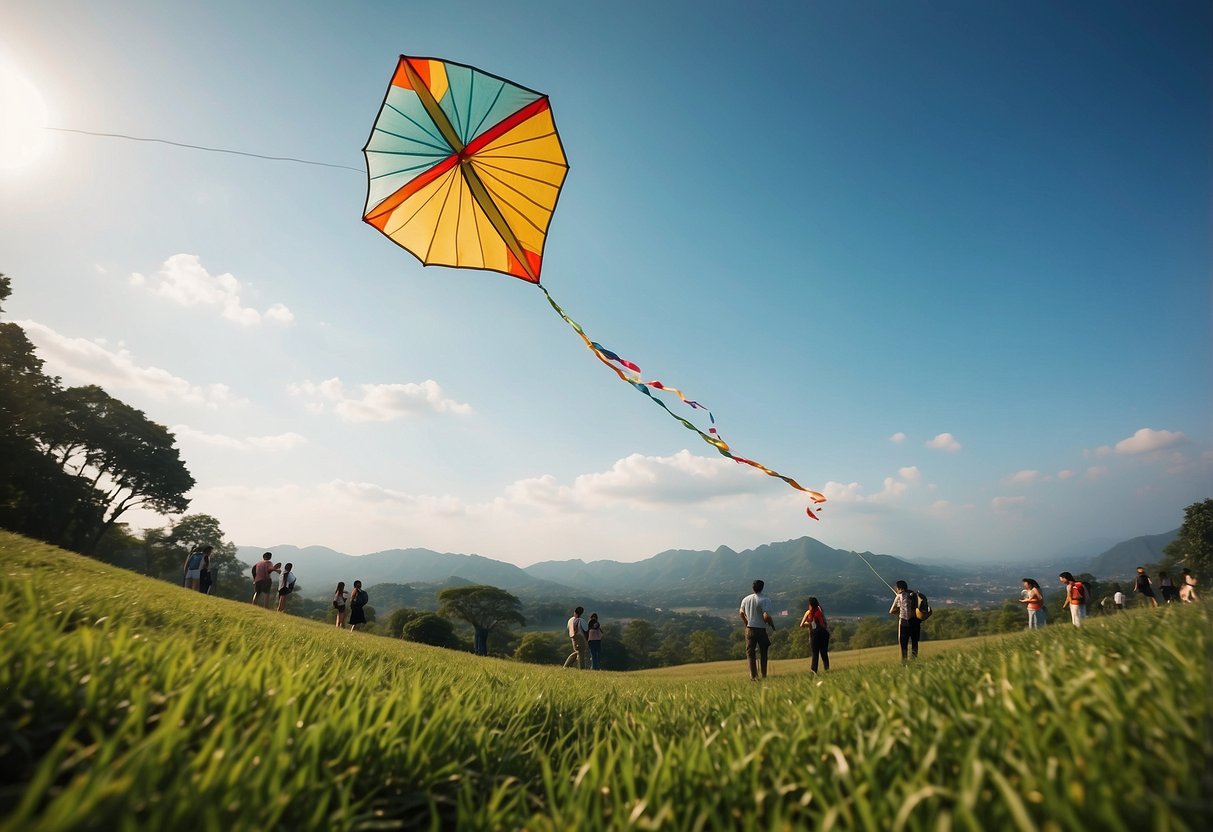 Kite flying scene with clear skies, green grass, and a kite soaring high. Other visitors are seen respecting the environment, leaving no trace behind