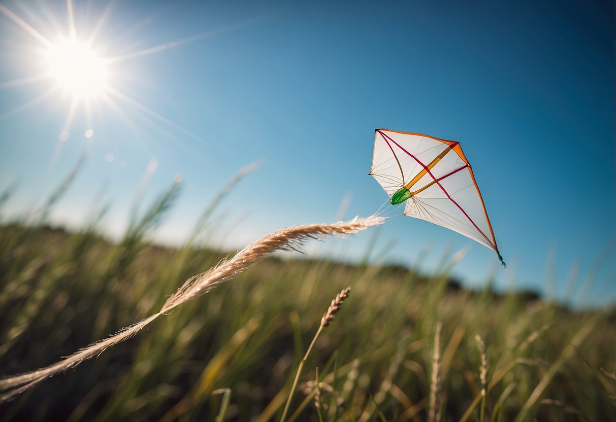 A kite flying in a clear blue sky, with a natural fiber tail trailing behind it, leaving no trace of plastic waste