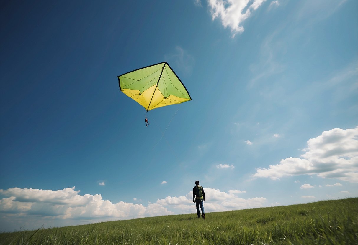 Kite flying scene: Clear blue sky, green grassy field, kite soaring, no litter, minimal impact on environment, respectful of nature
