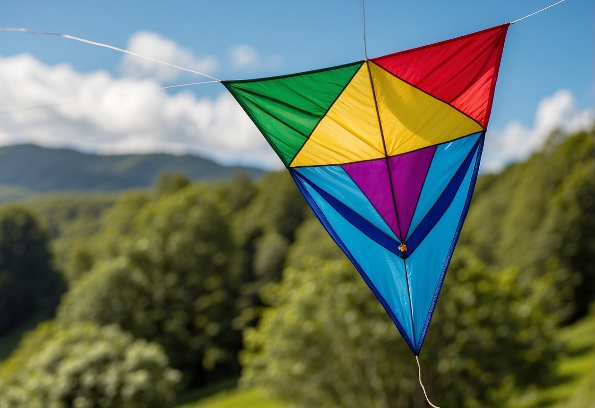 A colorful eco-friendly kite soars high in the sky, leaving no trace behind. The kite is made of sustainable materials, and the string is biodegradable. The scene is set against a backdrop of clear blue skies and lush greenery