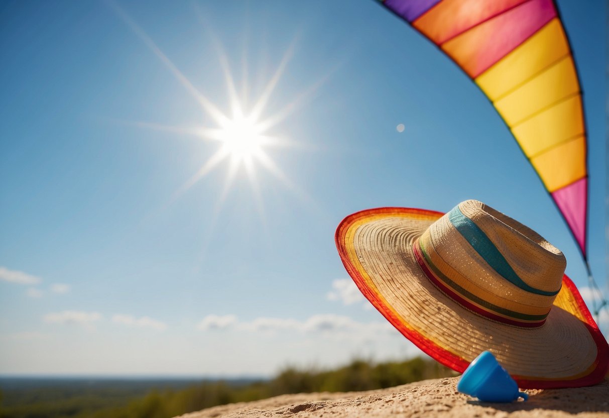 Bright blue sky, scorching sun, a colorful kite soaring high, a water bottle nearby, sunscreen and hat for protection, and a gentle breeze blowing through the air