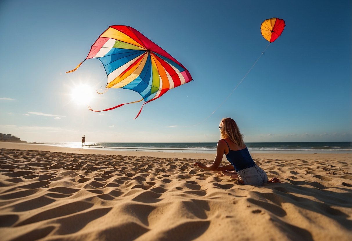 A colorful kite soars high in the clear, blue sky while the sun shines brightly. The scene is set on a sandy beach with a person applying high-SPF sunscreen in the background