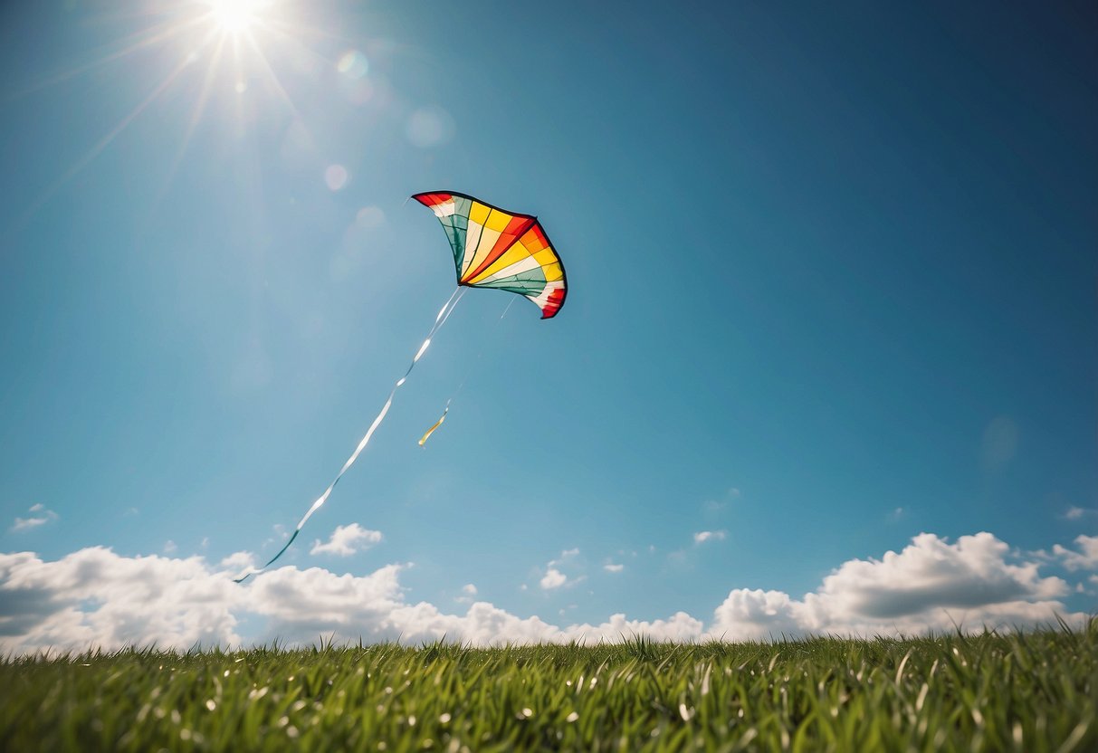 Vibrant kite soaring high against clear blue sky, sun shining brightly, gentle breeze carrying it effortlessly. Green grassy field below, with scattered clouds adding depth to the scene