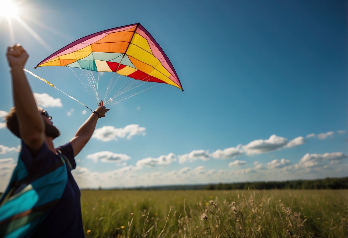 A sunny, blue sky with a gentle breeze. A colorful kite flying high, with a tail fluttering in the wind. A person holding a kite string, adjusting it for optimal flight