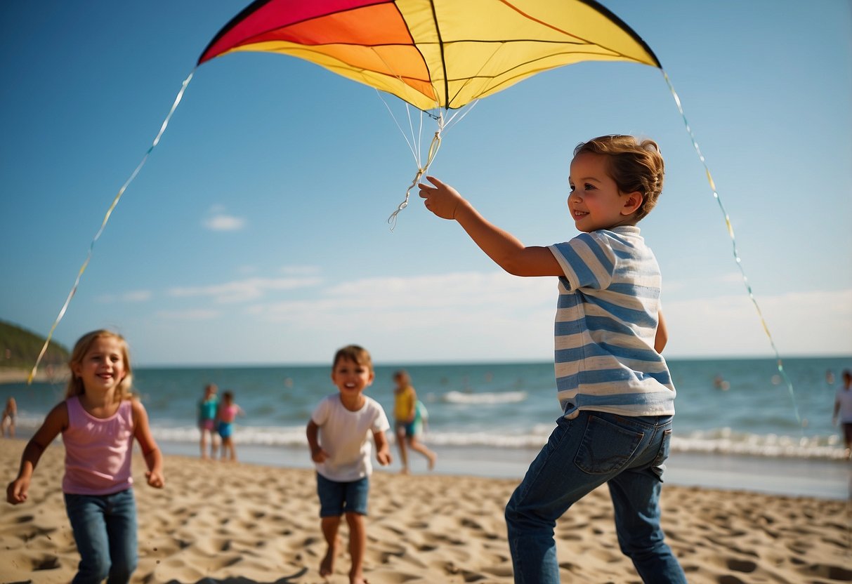 A bright sunny day at the beach with a clear blue sky. A kite soars high in the air, held securely by a strong string. The beach is filled with families and children, all enjoying the warm weather and flying their kites safely