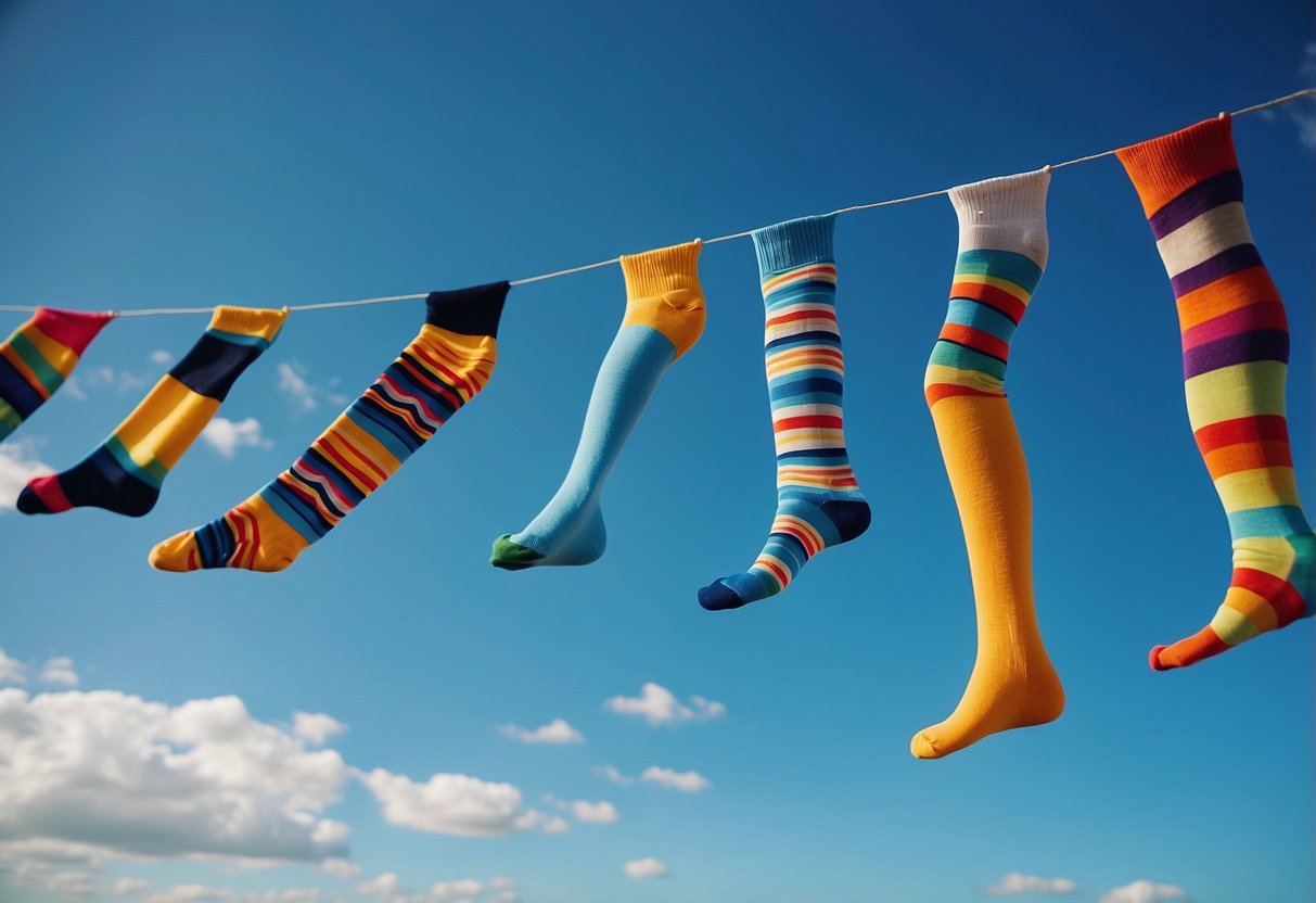 Colorful socks fluttering in the wind, attached to kites soaring in the sky. Bright patterns and designs stand out against the blue backdrop