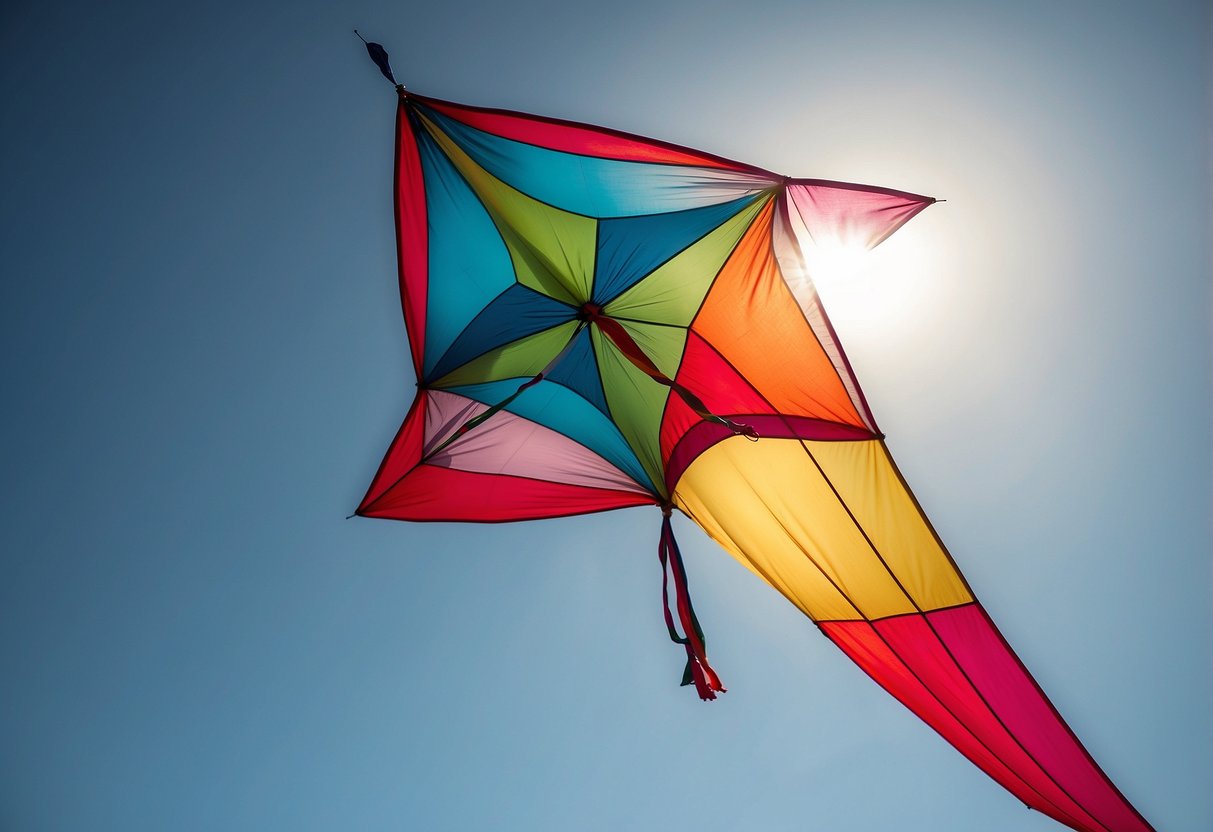 A colorful kite soars high in the sky, held steady by FlySocks Elite 5 Best Kite Flying Socks. The sun shines brightly, casting a warm glow on the scene