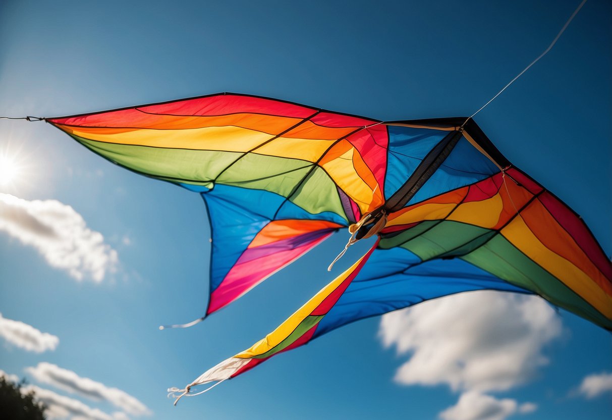 A colorful kite soars high in the sky, held aloft by the WindCatcher Pro 5 Best Kite Flying Socks. The wind is strong, and the kite dances gracefully in the air