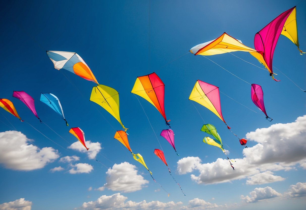 Vibrant kites soar against a clear blue sky, held aloft by colorful, durable SkyStride Performance 5 Best Kite Flying Socks