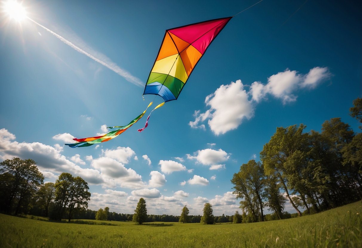 A colorful kite soars high in the sky, held by the BreezeMaster Ultra 5 Best Kite Flying Socks. The wind is strong, and the kite dances gracefully in the air