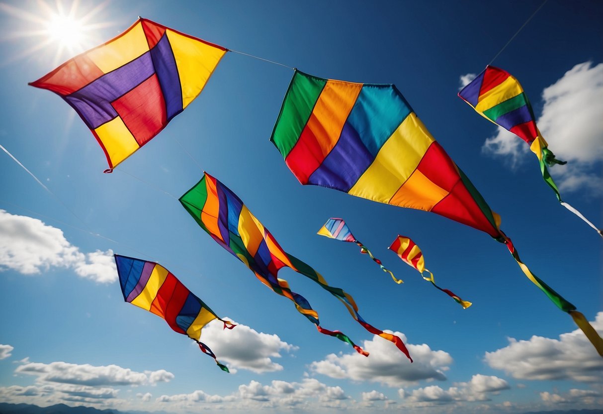 Colorful socks flying high in the sky, attached to vibrant kites. Wind blowing, sun shining, creating a joyful and playful scene