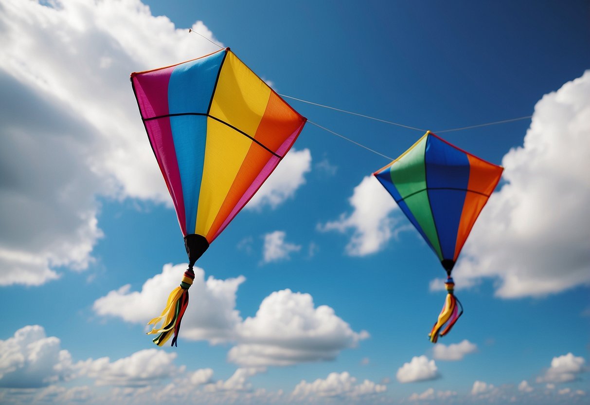 A pair of colorful kite flying socks floating in the wind, with a bright blue sky and fluffy white clouds in the background