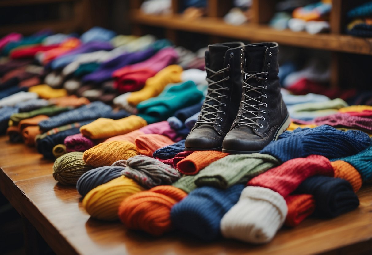 A table displaying various socks, including cotton, nylon, and wool options, next to a selection of colorful kite designs