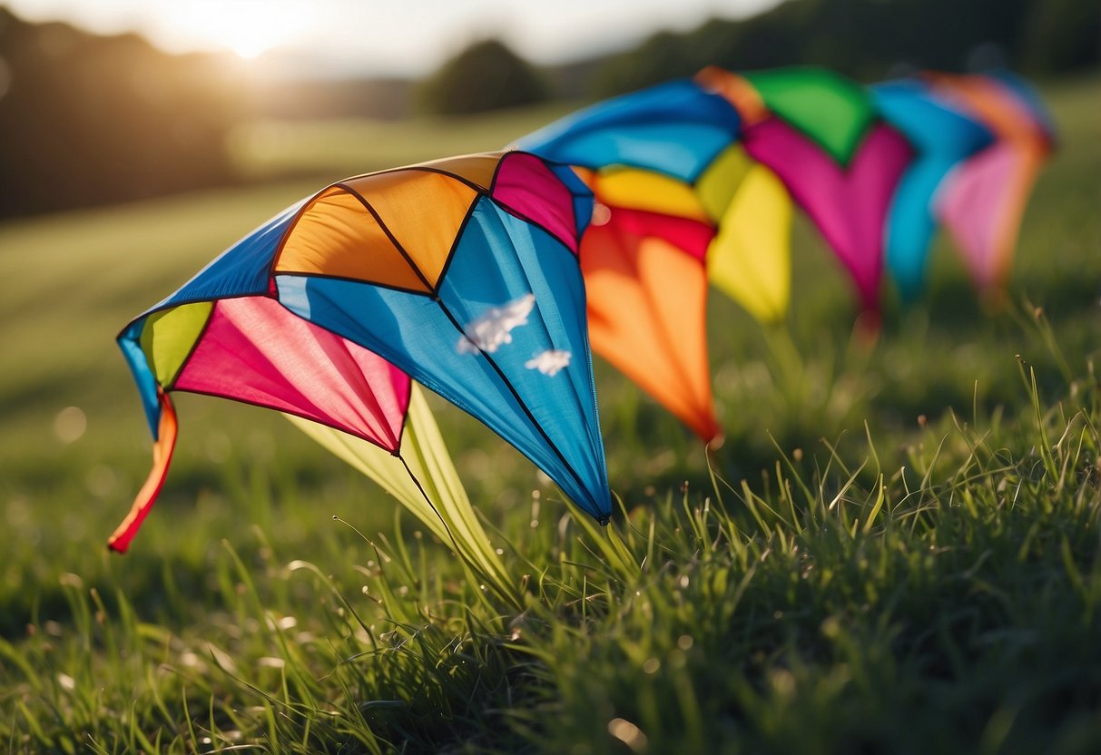 A pair of colorful kite flying socks laid out neatly on a grassy field, with a gentle breeze ruffling the fabric. Nearby, a small kite is soaring through the sky