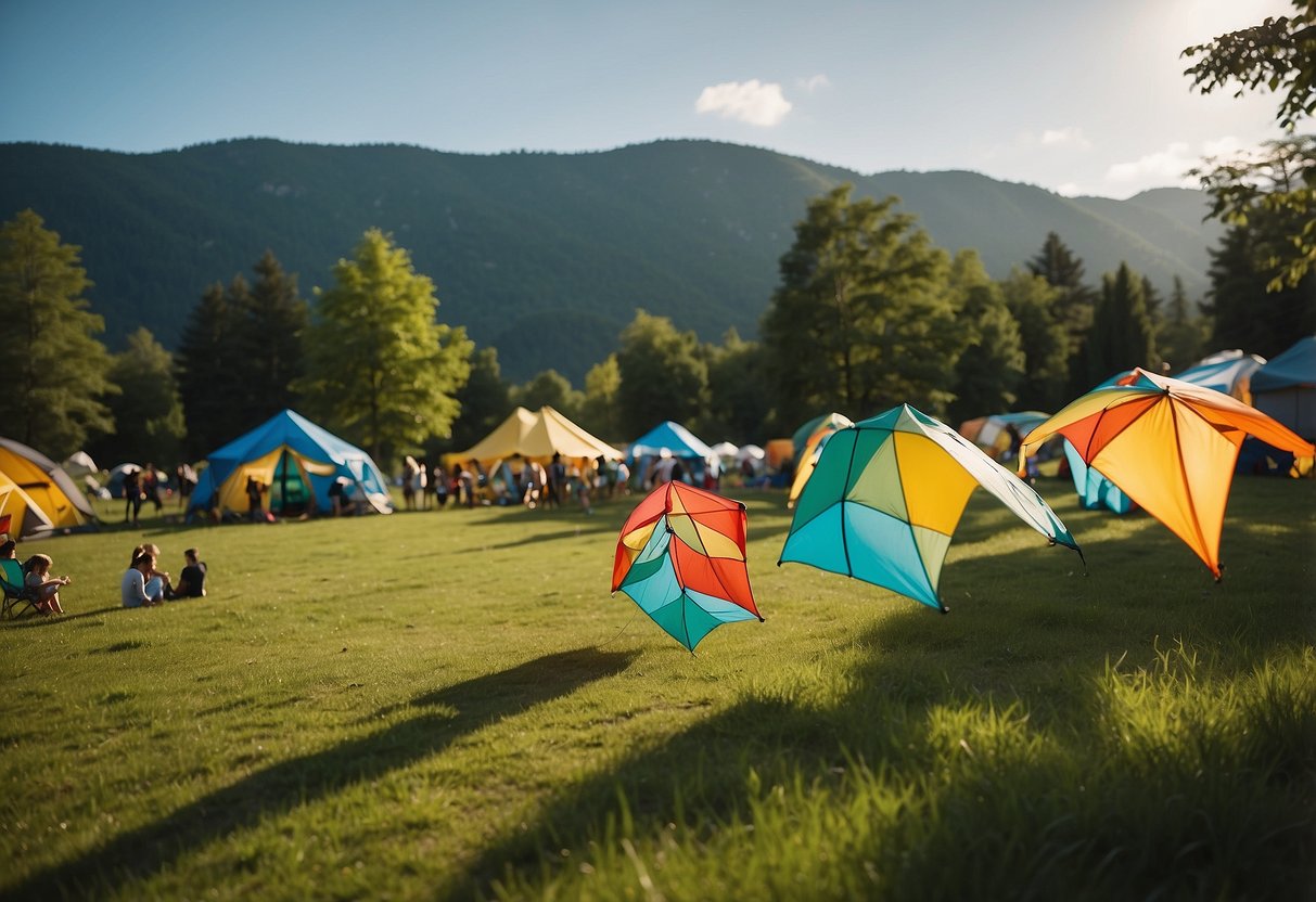 A colorful array of kites soar above lush green campsites, with families and friends enjoying the open space and fresh air
