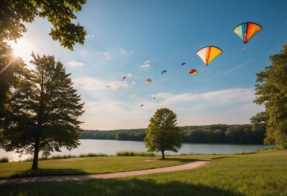Vibrant kites soar above lush green meadows and serene blue waters at Alum Creek State Park's top campsites for kite flyers