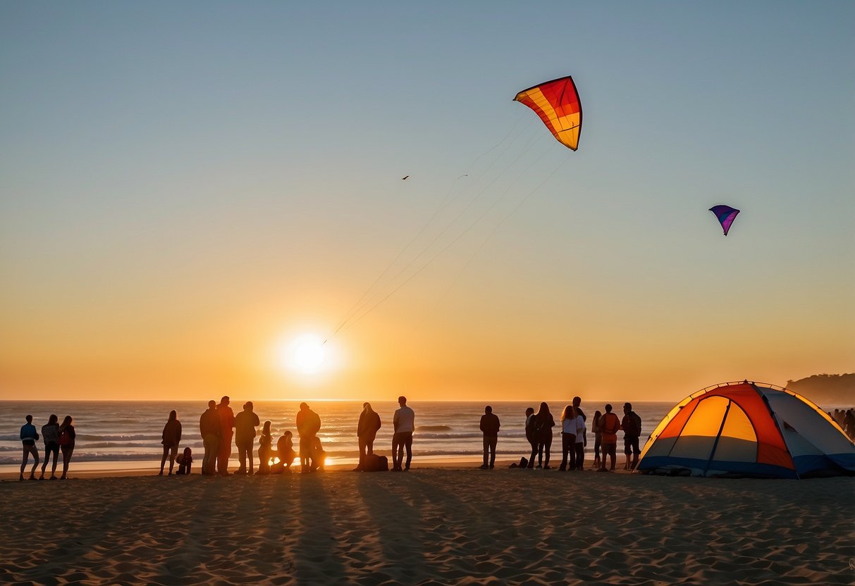 The sun sets over Cabrillo Beach, casting a warm glow on the 10 best campsites for kite flyers. Colorful kites soar above the sandy shoreline, while campers gather around crackling bonfires