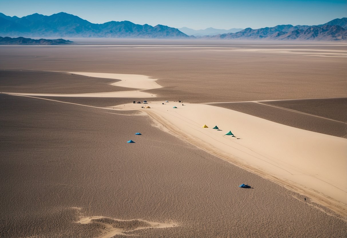 Vast desert expanse with colorful kites soaring above 10 designated campsites at Ivanpah Dry Lake, CA. Sand dunes and mountains in the distance