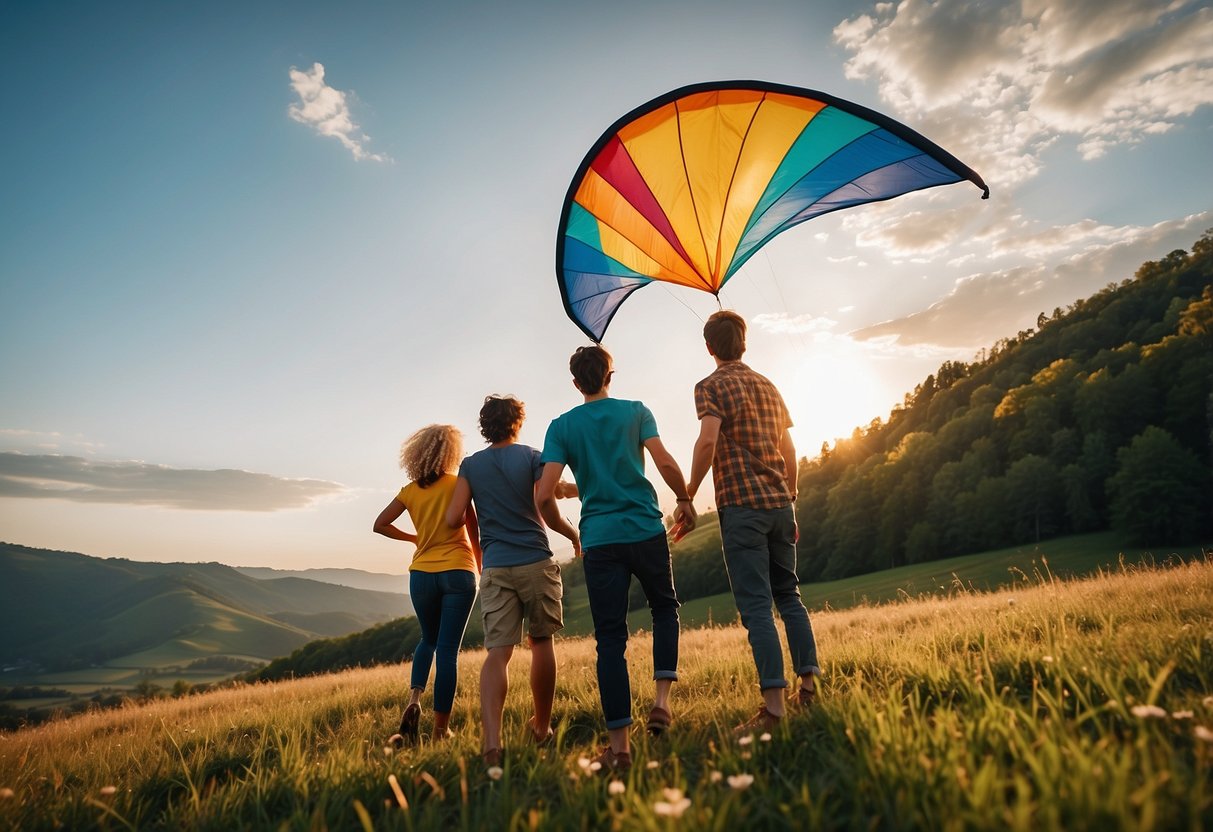 A colorful kite soaring in the sky, tethered to a sturdy string. A group of campers enjoying the open field, surrounded by trees and rolling hills