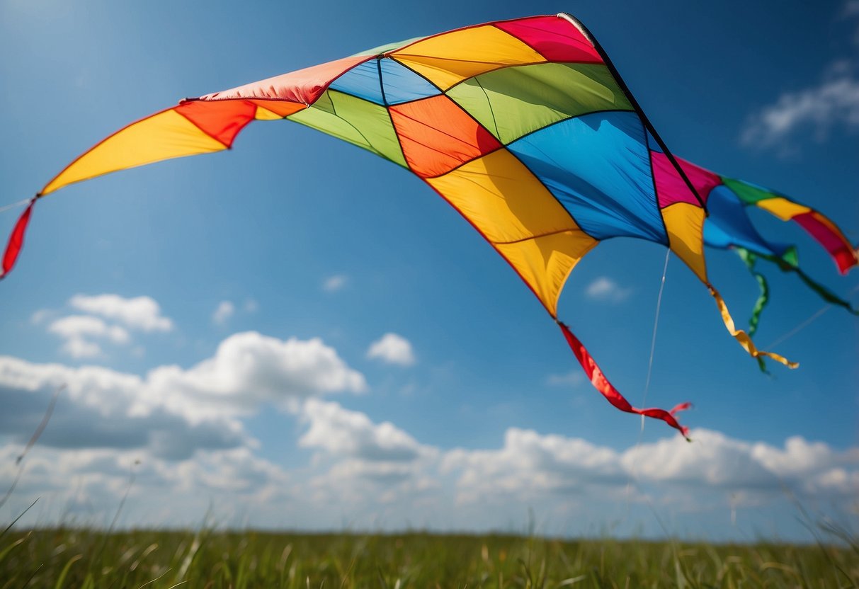 A colorful kite soars high in the clear blue sky, held by a simple string. The grassy field below is dotted with other budget-friendly kites, all flying gracefully in the wind