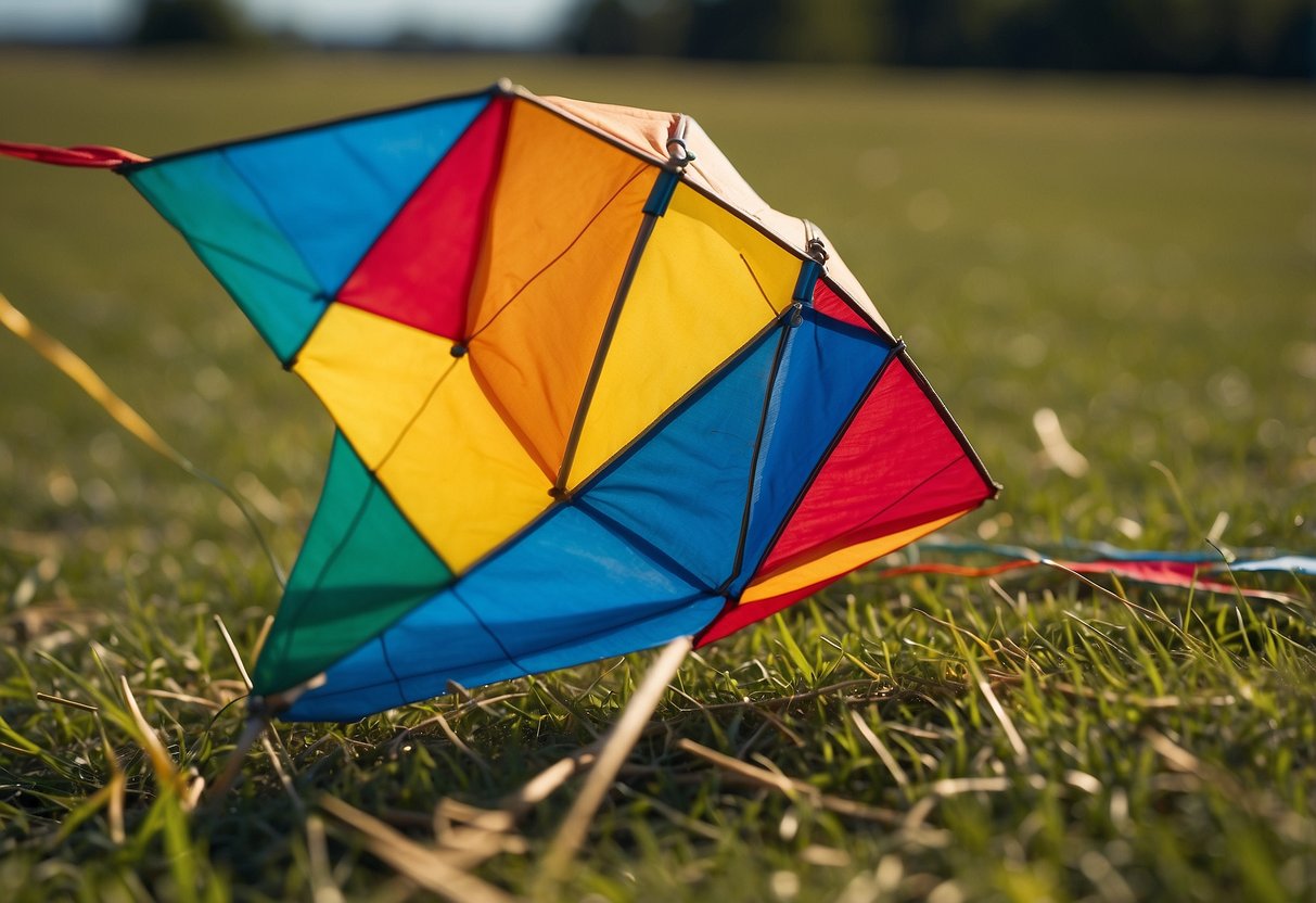 A colorful kite being assembled with string and sticks on a grassy field, with a clear blue sky in the background