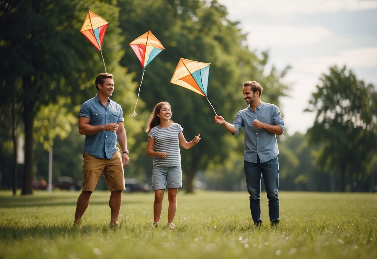 A group of friends fly kites in a grassy park. They use homemade kites and simple materials, enjoying a budget-friendly day of outdoor fun