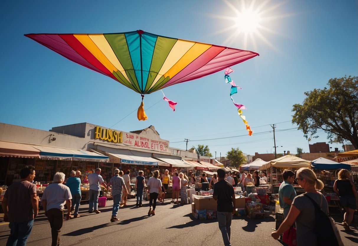 A colorful kite flies high above a bustling thrift store, surrounded by bargain hunters and rows of secondhand treasures. The sun shines down on the scene, as a gentle breeze carries the kite through the sky