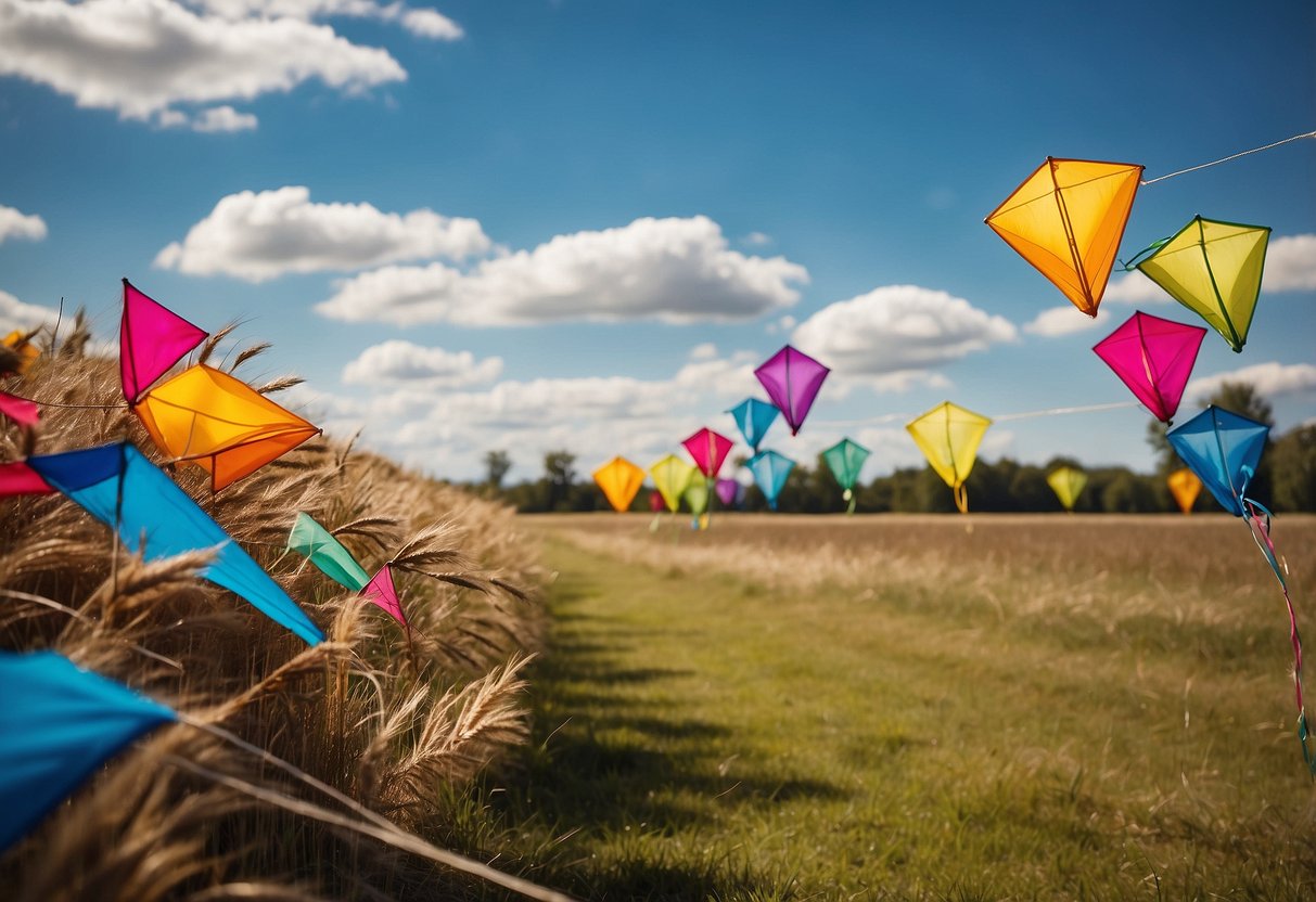 Craft store display: colorful kites, discounted supplies, budget-friendly tips on a sign. Windy sky background, open field setting
