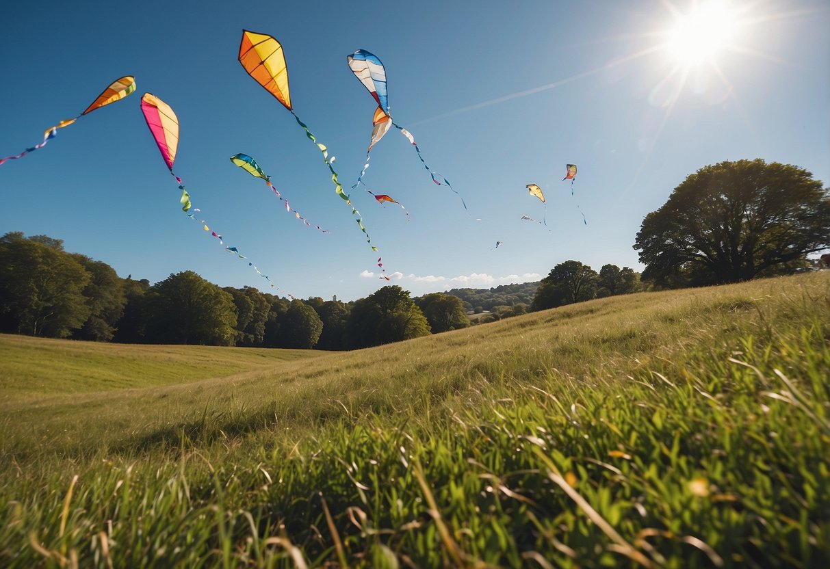 A grassy hill with a clear blue sky, dotted with colorful kites soaring high. Nearby, a picnic blanket and a small budget-friendly kite shop