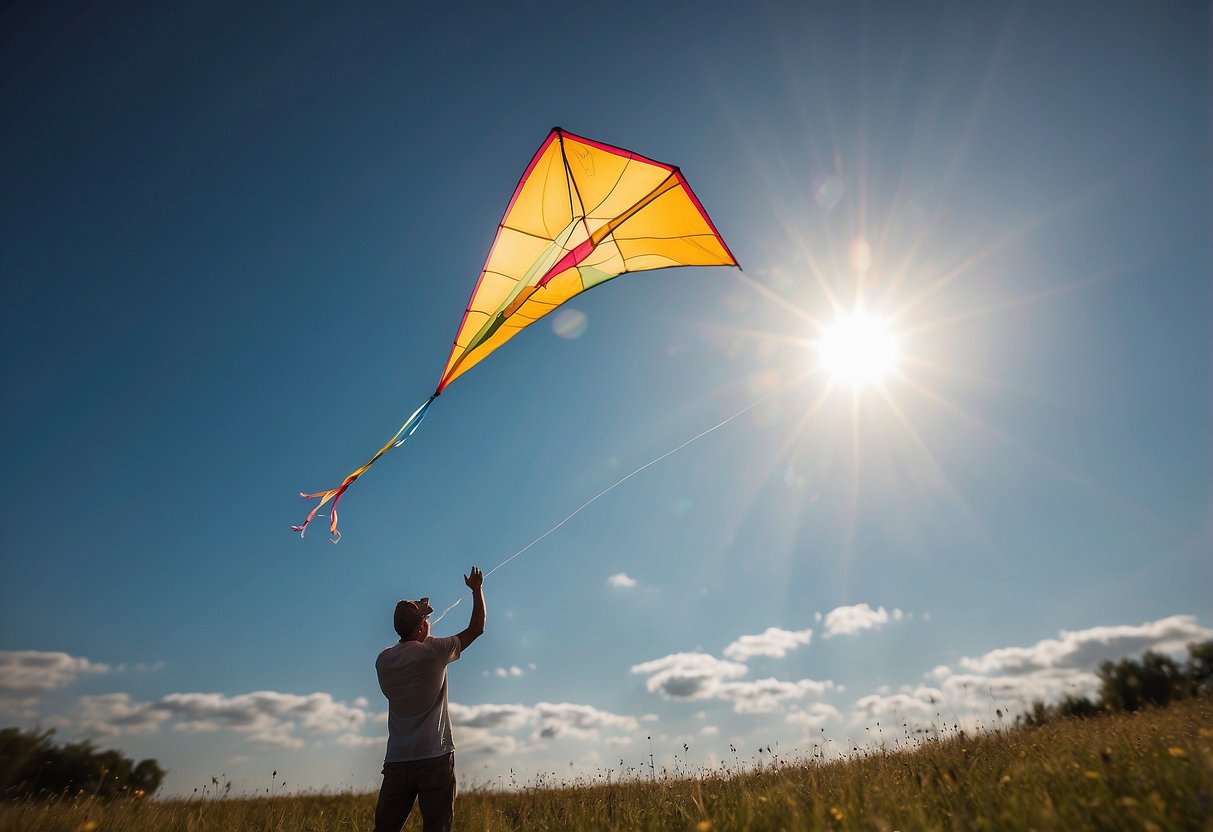 A person's hand is holding a kite with a taut string. The kite is flying high in the sky, with the sun shining brightly. Nearby, a bag of kite accessories sits on the ground, including spare string and a repair kit