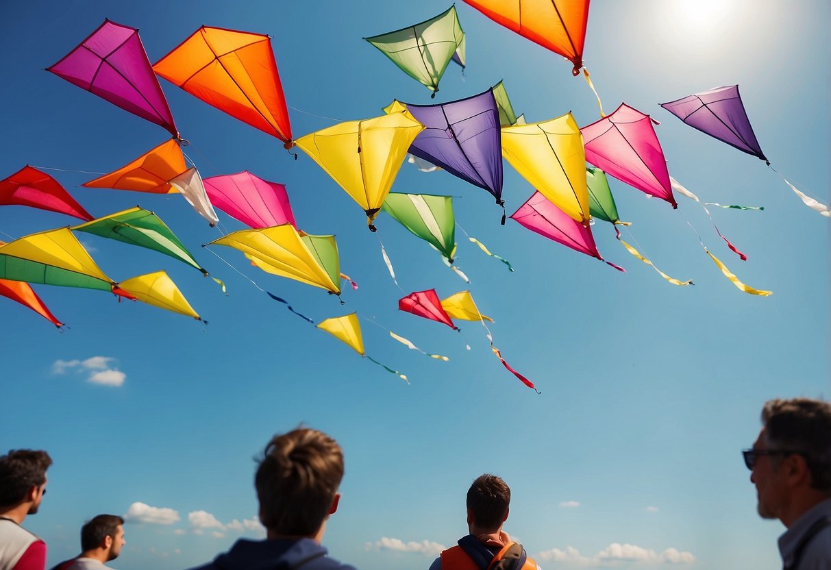 Colorful kites soaring in a clear sky, with people below wearing lightweight vests. Wind blowing gently, creating the perfect conditions for kite flying